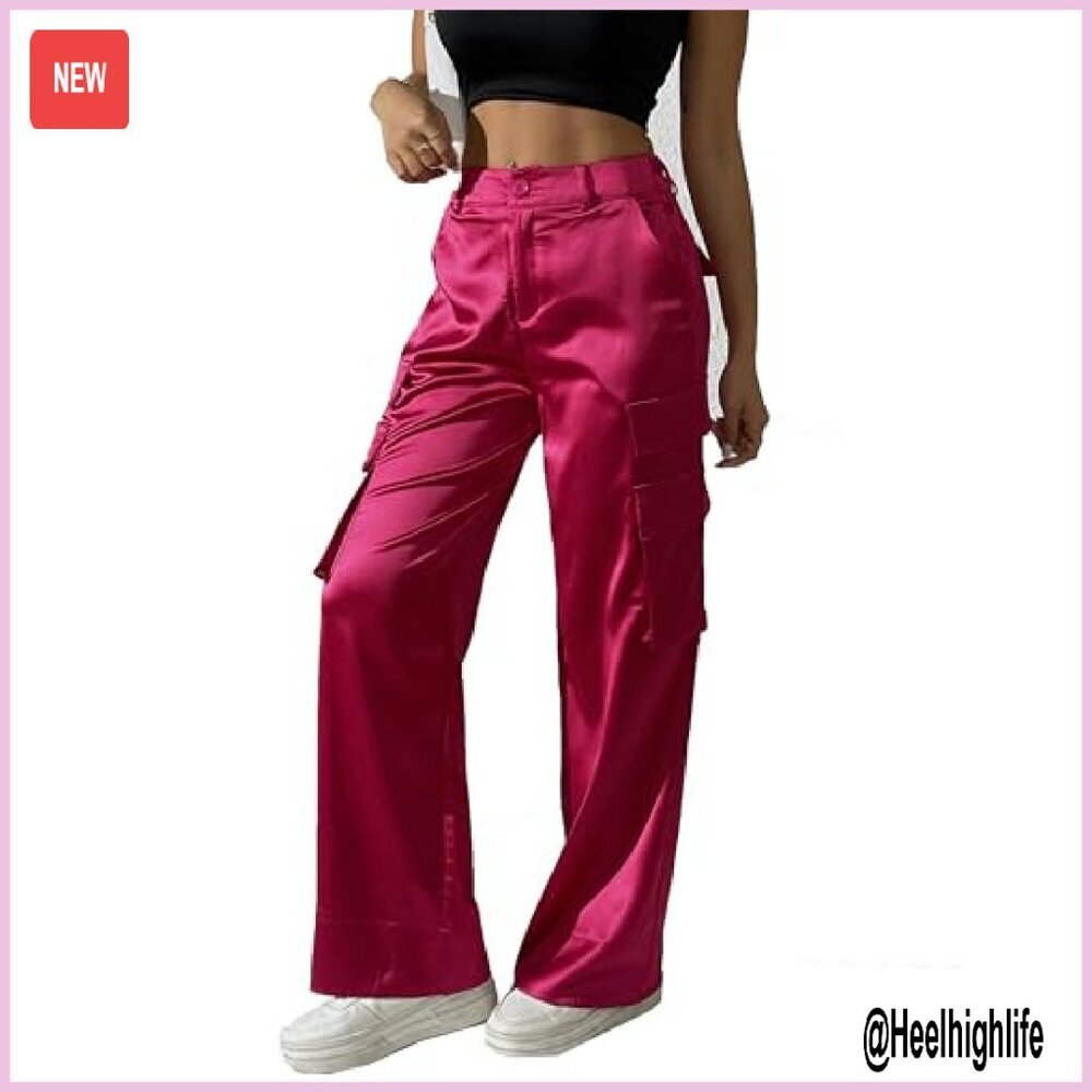 Satin Wide Leg Cargo Pants with Pockets High Waist Elastic - Picture 2 of 8